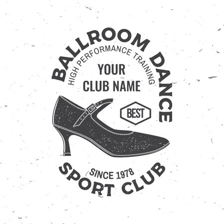 Ballroom dance sport club logo, badge design. Concept for shirt or logo, print, stamp or tee. Dance sport sticker with shoes for ballroom dancing silhouette. Vector illustration.のイラスト素材