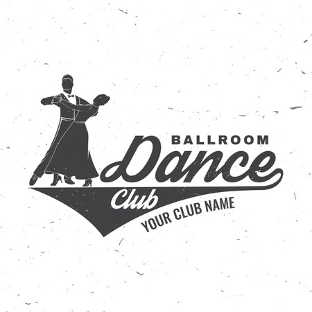 Ballroom dance sport club logo, badge design. Concept for shirt or logo, print, stamp or tee. Dance sport sticker with man and woman silhouette. Vector. Tango, waltz, couples dancing ballroom style.のイラスト素材