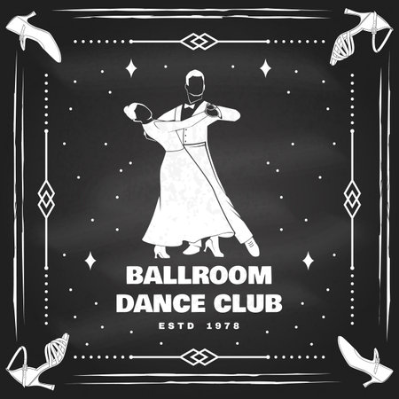 Ballroom dance sport club logo, badge design on chalkboard. Concept for shirt or logo, print, stamp or tee. Dance sport sticker with man and woman silhouette. Vector. Tango, waltz, couples dancing ballroom styleのイラスト素材