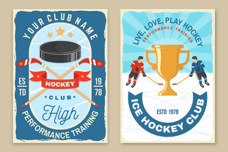 Ice Hockey club flyer, brochure, banner, poster. Concept for shirt or logo, print, stamp or tee. Winter sport. Vintage typography design with player, sticker, puck and skates silhouette. Vector.のイラスト素材