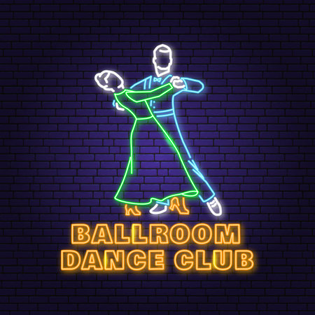 Ballroom dance sport club Bright Neon Sign. Dance sport neon emblem with man and woman silhouette. Vector. Tango, waltz, couples dancing ballroom style.のイラスト素材