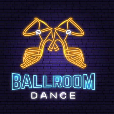 Ballroom dance sport club Bright Neon Sign. Concept for shirt or logo, print, stamp or tee. Dance sport neon emblem with shoes for ballroom dancing silhouette. Vector illustration.のイラスト素材