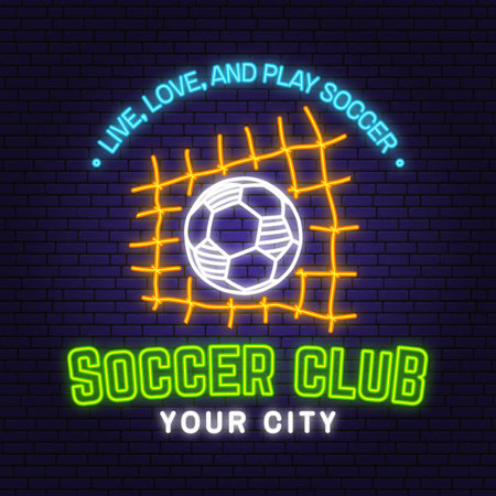 Soccer, football club Bright Neon Sign. Vector illustration. For college league football club sign, logo. Neon emblem label, sticker, patch with soccer ball silhouettes.のイラスト素材