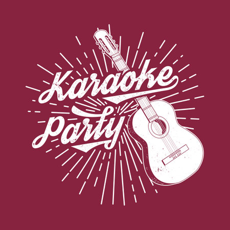 Karaoke party poster, banner. Retro classical acoustic guitar with sunburst vintage typography design for t shirt, emblem, logo, badge design. Vector illustrationのイラスト素材