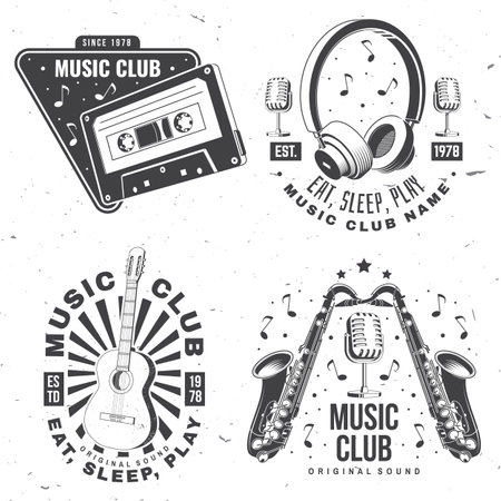 Retro music poster, banner. Retro microphone, saxophone , audio cassette, classical acoustic guitar with sunburst vintage typography design for t shirt, emblem, logo, badge design. Vector illustrationのイラスト素材