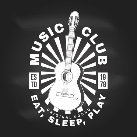 Music club logo, badge, label on chalkboard. Retro poster, banner with classical acoustic guitar with sunburst vintage typography design for t shirt, emblem, logo, badge design. Vector illustration. Equipment for listening and recording sound.のイラスト素材