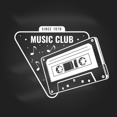 Music club logo, badge, label on chalkboard. Retro poster, banner with Audio cassette tape, vintage typography design for t shirt, emblem, logo, badge design. Vector illustration. Equipment for listening and recording soundのイラスト素材