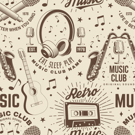 Retro music club seamless pattern. Background with retro microphone, saxophone, audio cassette, classical acoustic guitar, headphones with sunburst. Concept for background or wallpaper. Vector illustrationのイラスト素材