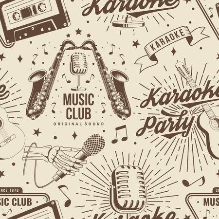 Retro music club seamless pattern. Background with retro microphone, saxophone, audio cassette, classical acoustic guitar, headphones with sunburst. Concept for background or wallpaper. Vector illustrationのイラスト素材