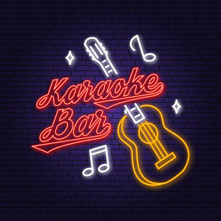 Karaoke bar neon poster, banner. Neon sign, emblem, bright signboard, light banner with retro classical acoustic guitar. Vector illustration. Advertising bright night karaoke bar for night club. Design template.のイラスト素材