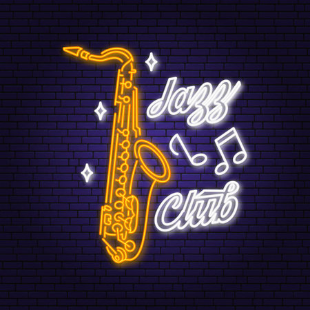 Jazz club neon poster, banner. Neon sign, emblem, bright signboard, light banner with retro saxophone. Vector illustration. Advertising bright neon for night club. Design templateのイラスト素材