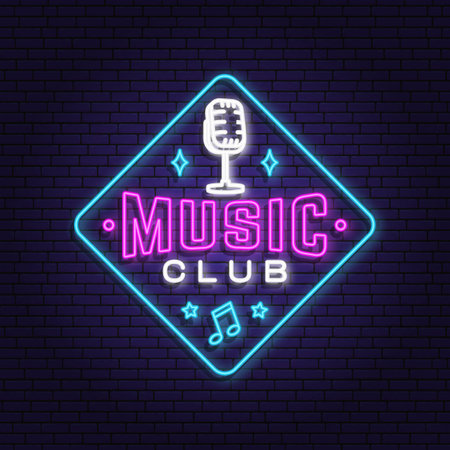 Music club neon poster, banner. Neon sign, emblem, bright signboard, light banner with retro microphone. Vector illustration. Advertising bright night karaoke for night club. Design templateのイラスト素材