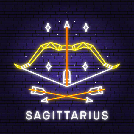 Zodiac astrology horoscope neon sign sagittarius linear design. Vector illustration. Elegant line art symbol or icon of sagittarius esoteric zodiacal horoscope templates promotion for or poster isolated.のイラスト素材