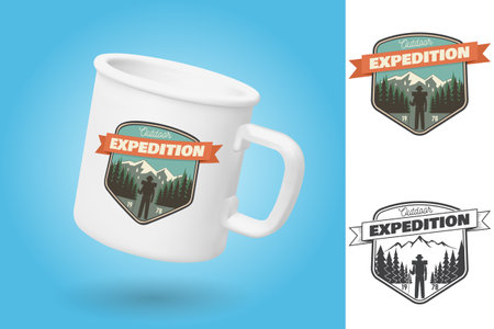 White camping cup. Realistic mug mockup template with sample design. Outdoor expedition patch. Vector. Design with hiker on the mountains. Outdoor adventureのイラスト素材