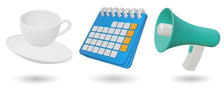 Set of realistic 3d icon tea cup, calendar, megaphone. Vector Illustration. 3d tea cup, calendar, megaphone icon isolated on white backgroundのイラスト素材