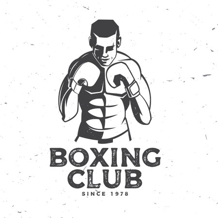 Boxing club badge, design. Vector illustration. For Boxing sport club emblem, sign, patch, shirt, template. Vintage monochrome label, sticker with Boxer Silhouette.のイラスト素材