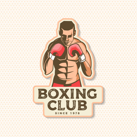 Boxing club badge, , patch design. Vector illustration. For Boxing sport club emblem, sign, patch, shirt, template. Vintage retro patch, label, sticker with Boxer Silhouette.のイラスト素材