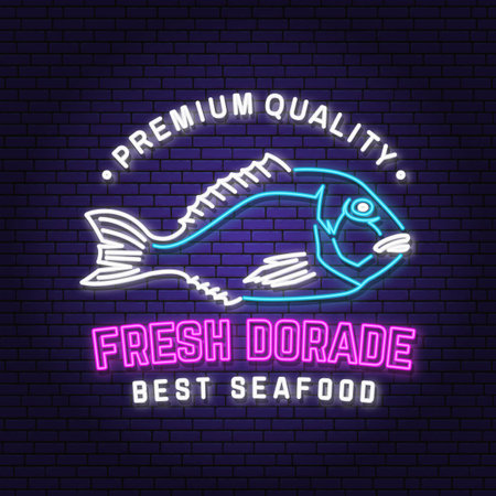 Best seafood. Fresh dorade neon sign. Vector illustration. For seafood emblem, sign, patch, shirt, menu restaurants, fish markets, stores. Neon sign, bright signboard, light bannerのイラスト素材