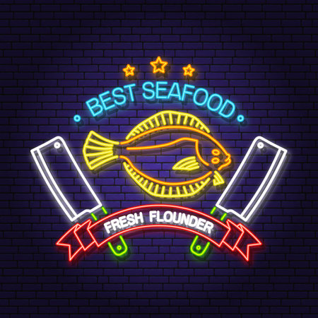 Best seafood. Fresh Alaska sole or flounder neon sign. Vector. For seafood emblem, sign, patch, shirt, menu restaurants, fish markets, stores. Neon sign, bright signboard light banner.のイラスト素材