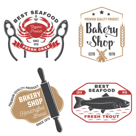 Set of Bakery and seafood badges. Vector. For emblem, sign, patch, shirt, menu restaurants with rolling pin, windmill, wheat ears, tuna, trout, shrimp, octopus crab mussels and clams.のイラスト素材