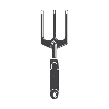 Garden rake icon silhouette isolated on white. Vector illustration. For emblem, sign, patch, shirt. Farming fork, gardening equipment. Hand Tools Garden hand rake.のイラスト素材