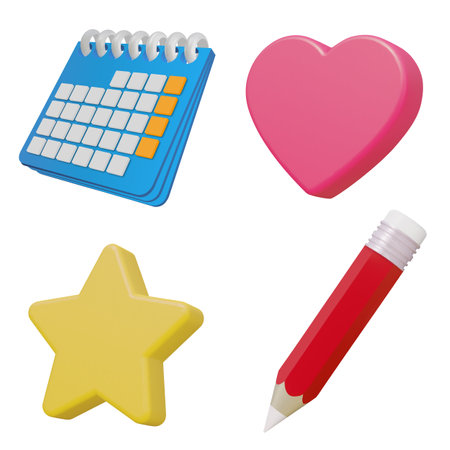 Set of realistic 3d icon red hart, calendar, yellow star, red pencil. Vector Illustration. 3d red hart, calendar, yellow star, red pencil icon isolated on white background. Interface button isolated on white.のイラスト素材