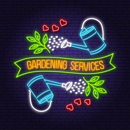 All things grow with love gardening neon emblem, label, badge, logo. Vector illustration. Colorful neon light design with seedlings are watered from a watering can gardening equipment silhouette.のイラスト素材