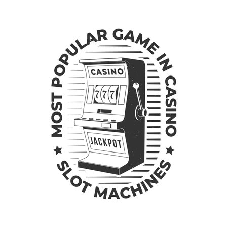 Most popular game in casino, slot machines. , print, badge design with casino slot machines silhouette. Vector illustration. Casino slot machine for gambling industry, sport lottery services.のイラスト素材
