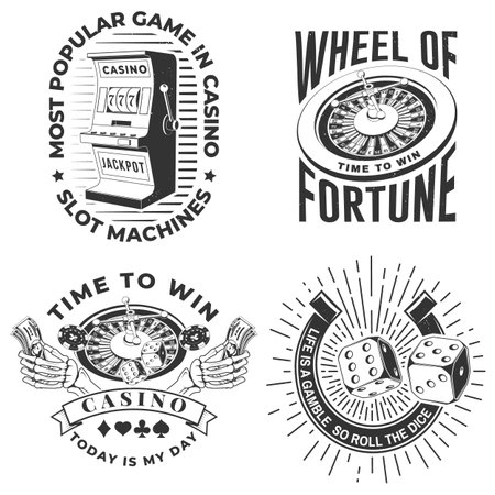 Set of gambling vintage print,  , badge design with wheel of fortune, two dice, skeleton hand holding dollar, poker playing card silhouette. Vector illustrationのイラスト素材