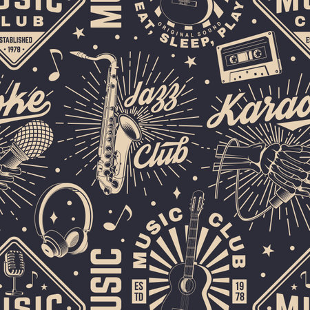 Retro music club seamless pattern. Background with retro microphone, saxophone, audio cassette, classical acoustic guitar, headphones with sunburst. Concept for background or wallpaper. Vector illustrationのイラスト素材