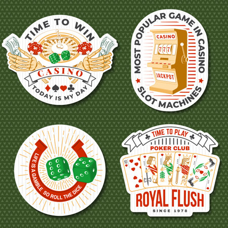 Gambling sticker,  , badge design with wheel of fortune, two dice, horseshoe and skeleton hand holding dollar silhouette. Vector. Wheel of fortune, two dice and skeleton hand holding dollar for gambling industry.のイラスト素材