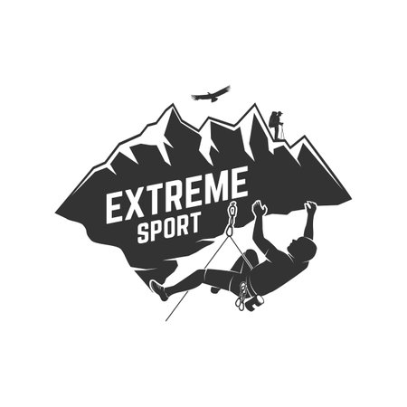 Extreme sport, Rock Climbing club badge. Vector illustration. Concept for shirt or  , print, stamp or tee. Vintage typography design with climber on the mountains. Outdoors adventureのイラスト素材