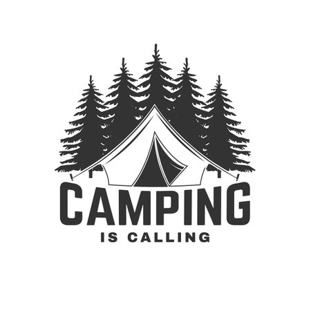 Camping is calling. Outdoor adventure sticker. Vector illustration. Concept for shirt or  , print, stamp, patch or tee. Vintage typography design with forest pine tree and camping tent silhouetteのイラスト素材