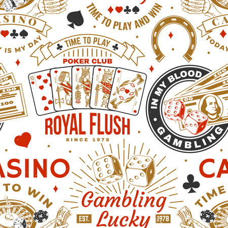 Gambling, casino seamless pattern with wheel of fortune, two dice and skeleton hand holding dollar silhouette. Vector. Concept for casino pattern background or wallpaper.のイラスト素材