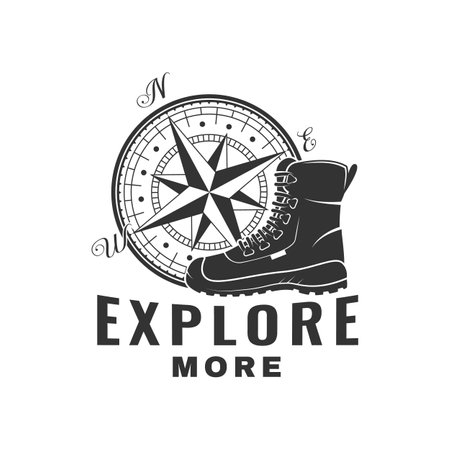 Explore more. Outdoor adventure. Vector illustration. Concept for shirt or  , print, stamp, patch or tee. Vintage typography design with hiking boots and compass silhouette.のイラスト素材