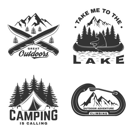 Set of outdoor adventure sticker. Vector illustration. Vintage typography design with forest pine tree, camping knives, climber, bear in canoe, lake and mountain silhouetteのイラスト素材