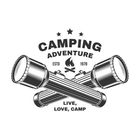 Camping time. Live, love, camp. Outdoor adventure. Vector illustration. Concept for shirt or  , print, stamp, patch or tee. Vintage typography design with camping flashlight silhouetteのイラスト素材