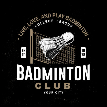 Badminton sport badge, patch, emblem . Vector illustration. Vintage badminton label with net and shuttlecock silhouettes.のイラスト素材