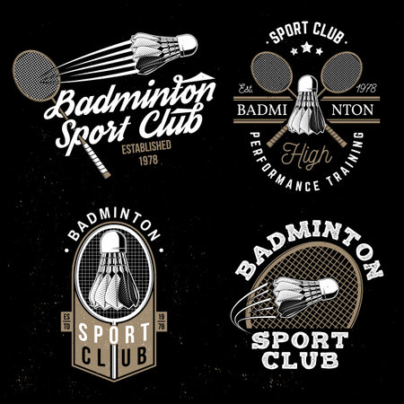 Vintage badminton label with racket and shuttlecock silhouettes.のイラスト素材