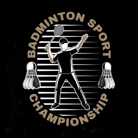 Vintage badminton label with badminton player and shuttlecock silhouettesのイラスト素材