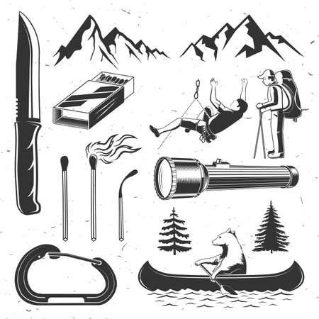 Set of outdoor adventure icon silhouette. Vector. Set include forest pine tree, hiker, climber, matches stick, bear in canoe, carbine, camping flashlight, camping knives and mountain silhouetteのイラスト素材