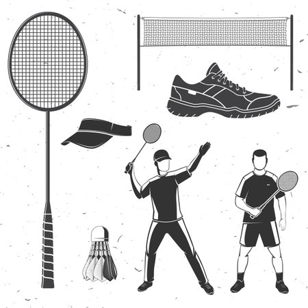Set of badminton equipment icon silhouette. Set include rackets, shuttlecock, badminton player, sport shoes and sport net silhouette. Vector illustrationのイラスト素材