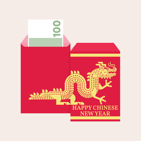 Chinese New Year red envelope with dragon silhouette. Vector illustration. Red packet with gold lanterns. Dragon sign 2024 Chinese New Yearのイラスト素材
