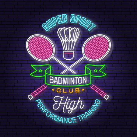 Badminton sport neon emblem. Vector illustration. Vintage badminton label with racket and shuttlecock silhouettes. Concept for web banner, nightly advertisingのイラスト素材