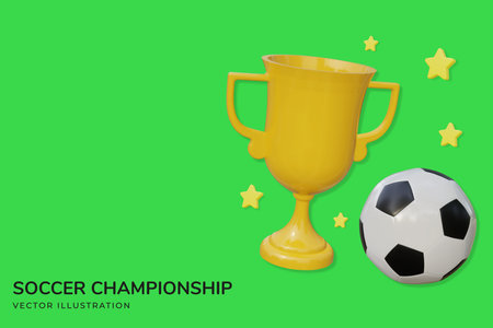 Soccer championship poster, banner with soccer ball with golden cup. Vector illustration. Creative concept background with sports attributes design elements. Realistic 3d object cartoon style. Sports football gameのイラスト素材