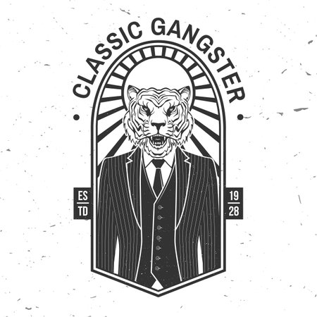 Classic gangster badge design. Vector illustration. Vintage monochrome label, sticker, patch with tiger gangster silhouette.のイラスト素材