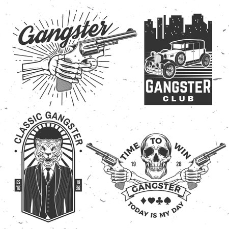 Set of gangster club badge design. Vector illustration. Vintage monochrome label, sticker, patch with american retro car, gangster with submachine gun and tiger gangster silhouettes.のイラスト素材