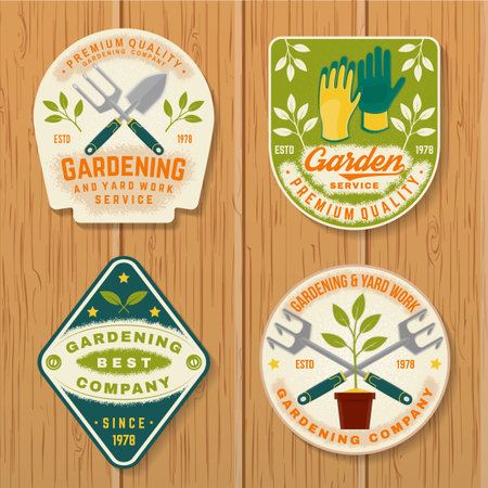 Set of gardening and yard work services emblem, label, patch, sticker.. Vector illustration. For sign, patch, shirt design with hand secateurs, garden pruner, watering can, gardening equipment silhouetteのイラスト素材