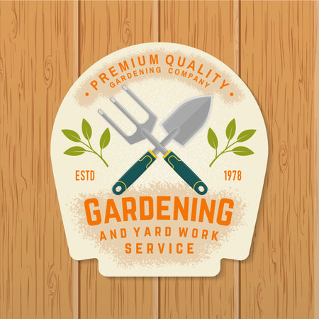 Gardening and yard work services emblem, label, badge, logo. Vector illustration. For sign, patch, shirt design with hand garden trowel, farming fork, gardening equipment silhouetteのイラスト素材