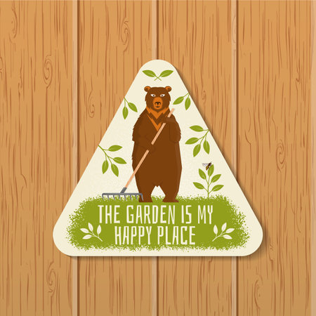 The garden is my happy place emblem, patch, sticker. Vector illustration. For sign, patch, shirt design bear with rake, seedlings, bee, gardening equipmentのイラスト素材